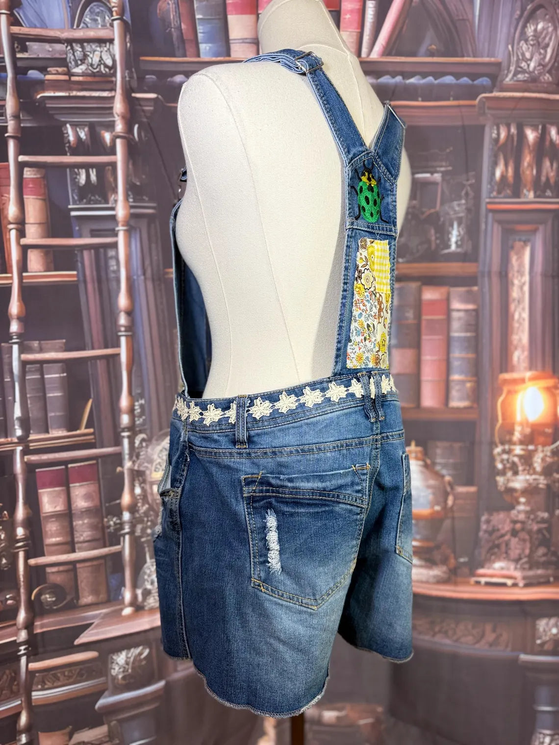 Upcycled Denim Overalls with Butterfly Patches and Embroidered Bug | Size L