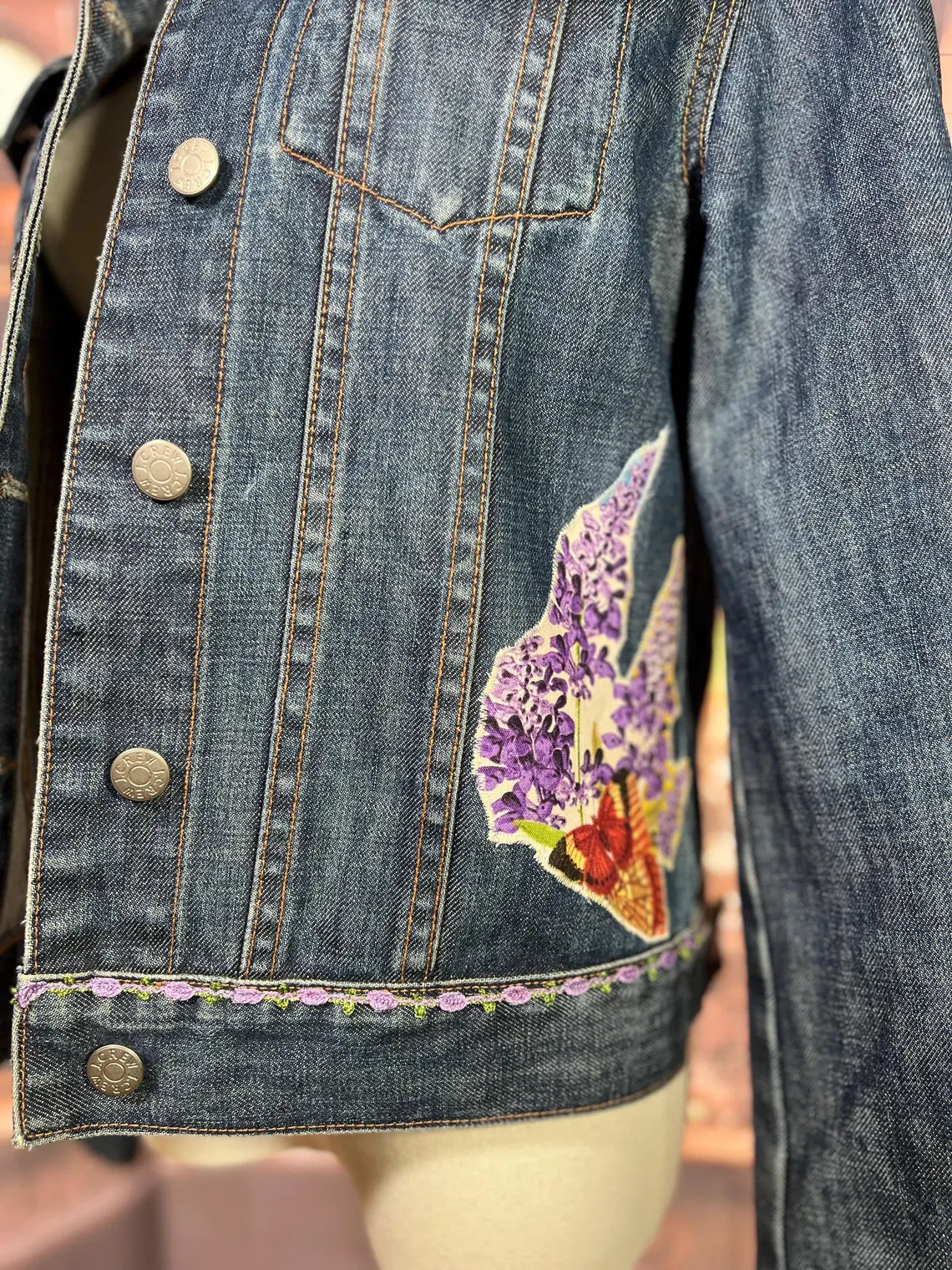 Upcycled Boho Garden Denim Jacket with Vintage Trim & Butterfly Details | 40in Bust