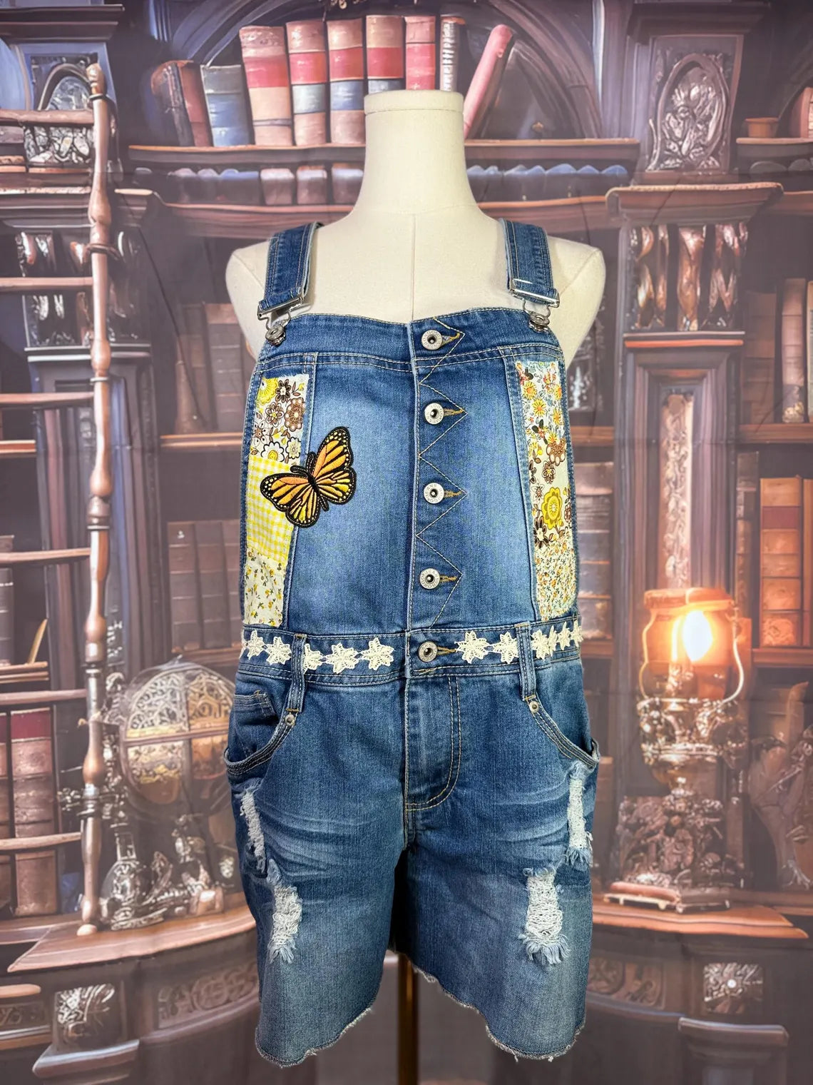 Upcycled Denim Overalls with Butterfly Patches and Embroidered Bug | Size L