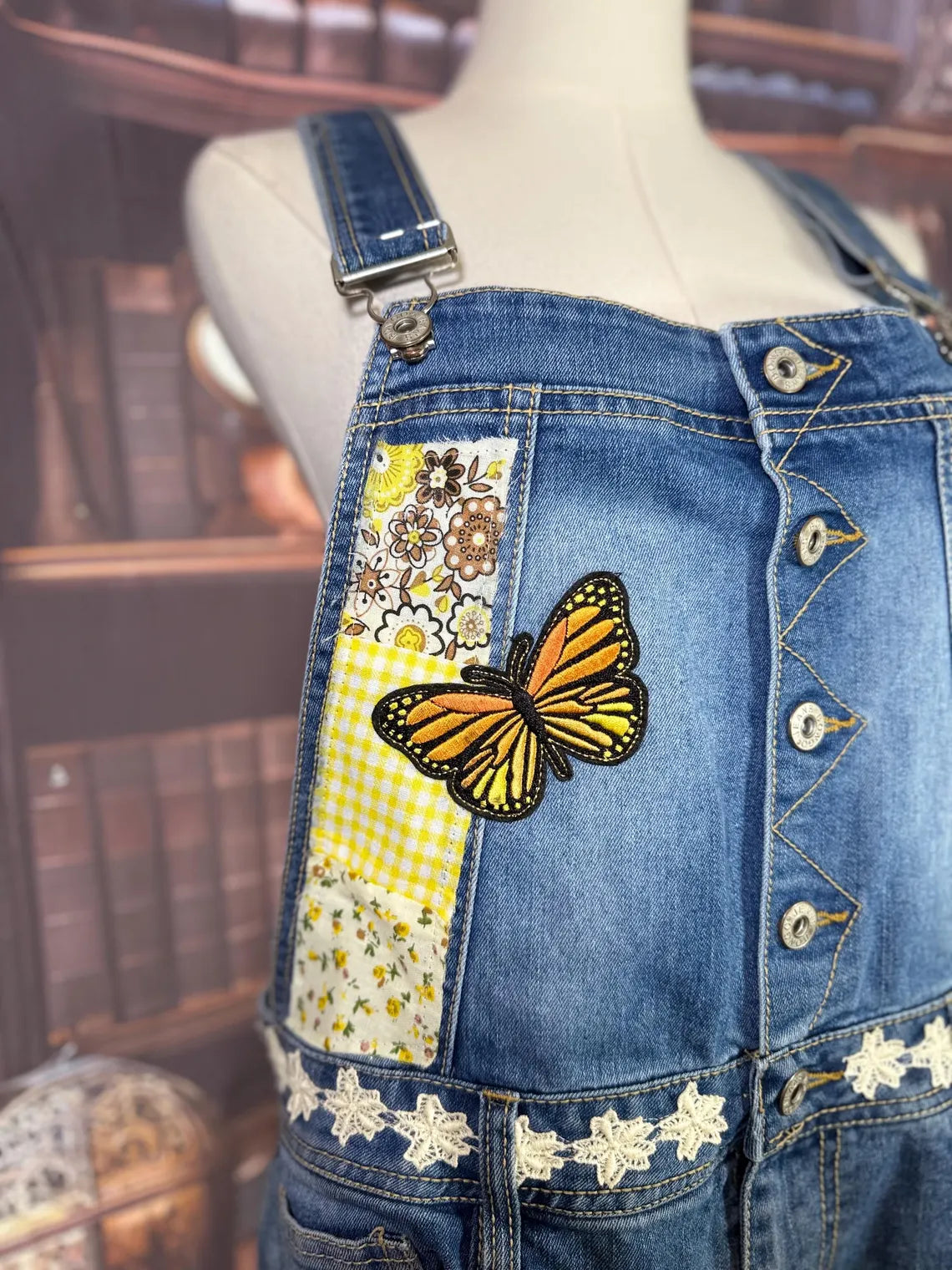Upcycled Denim Overalls with Butterfly Patches and Embroidered Bug | Size L