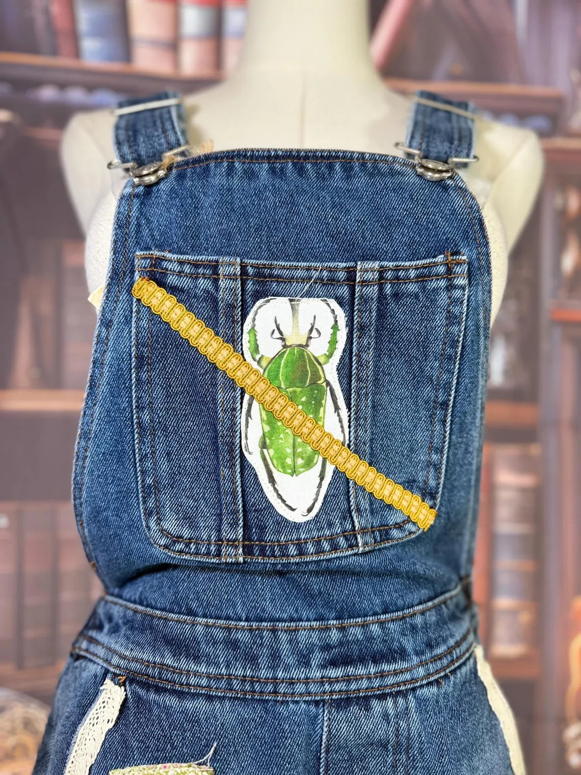 Upcycled Denim Overall Shorts with Embroidered Beetle and Patchwork Butterflies | Size XS