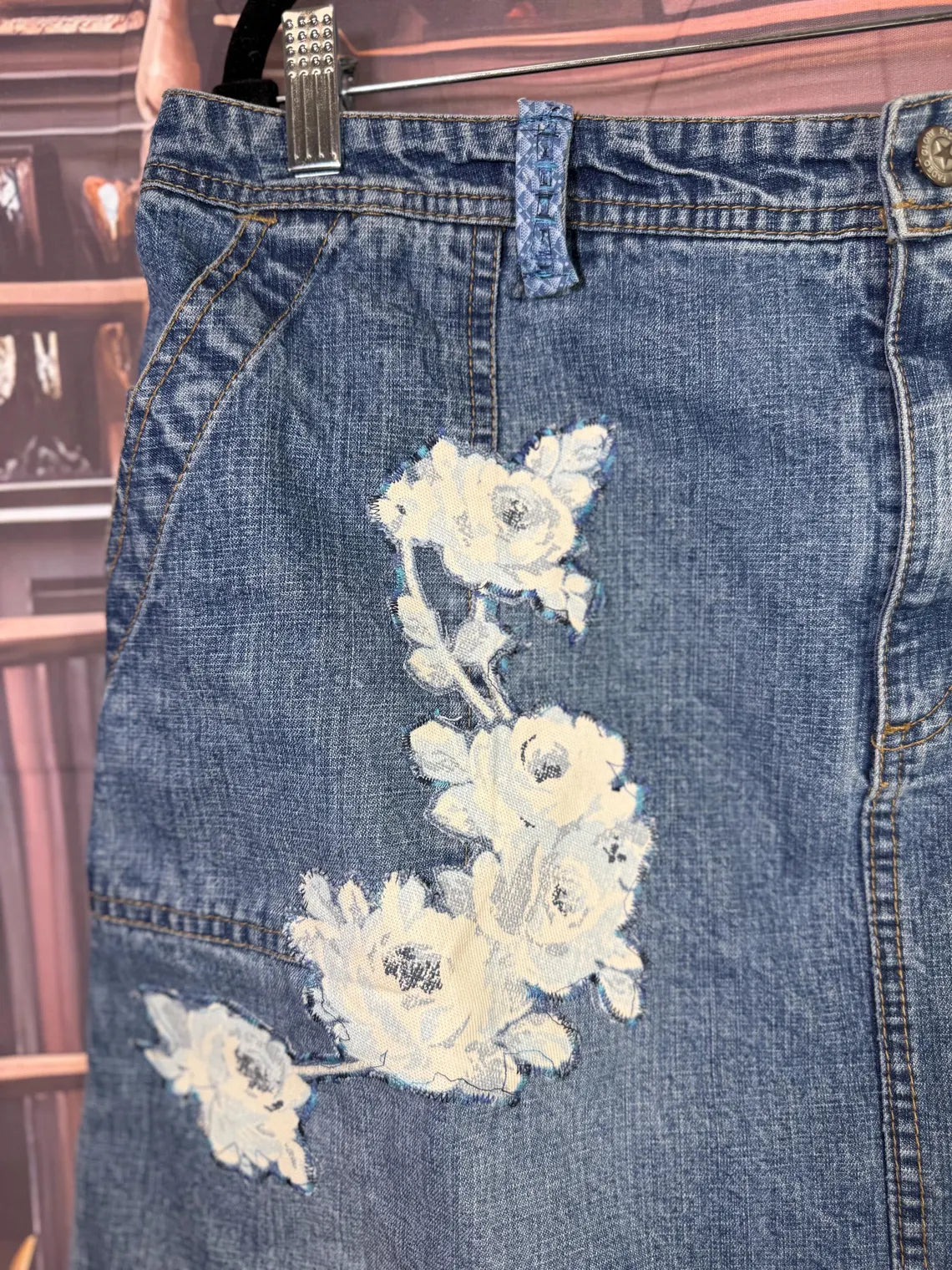 Upcycled Denim Skirt with Floral Applique, Daisy Patch and Cat Pocket | Size S