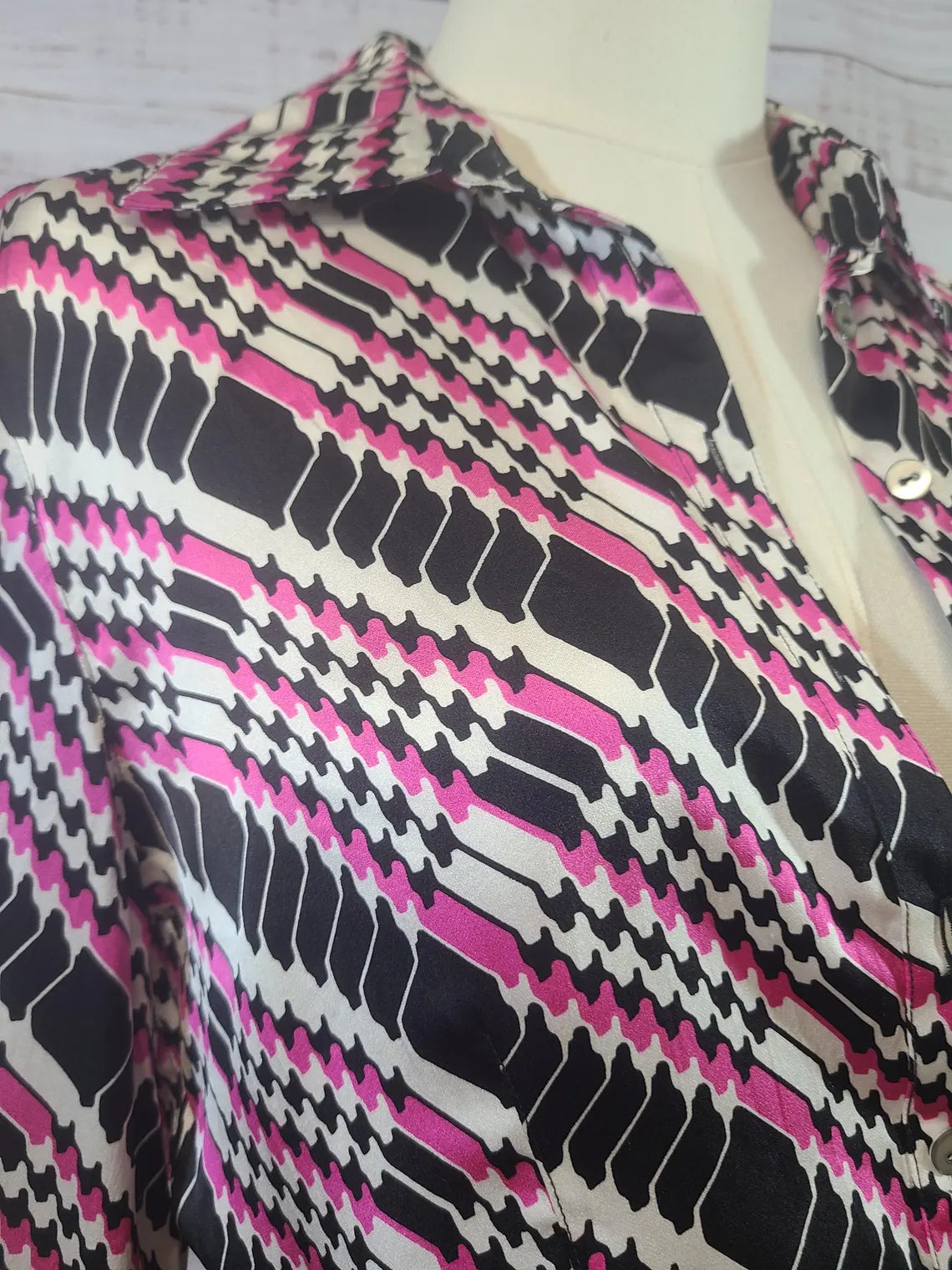 Starington Black And White Pink Houndstooth Silk Blouse | Size 6