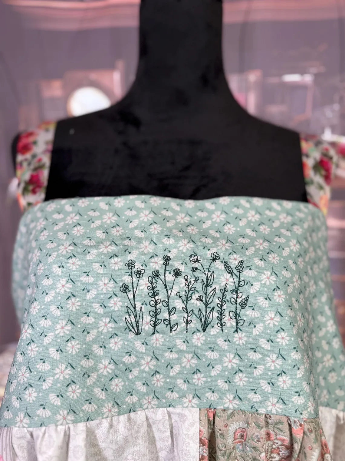 Handmade Patchwork Dress with Embroidered Bodice and Floral Ties | Size L