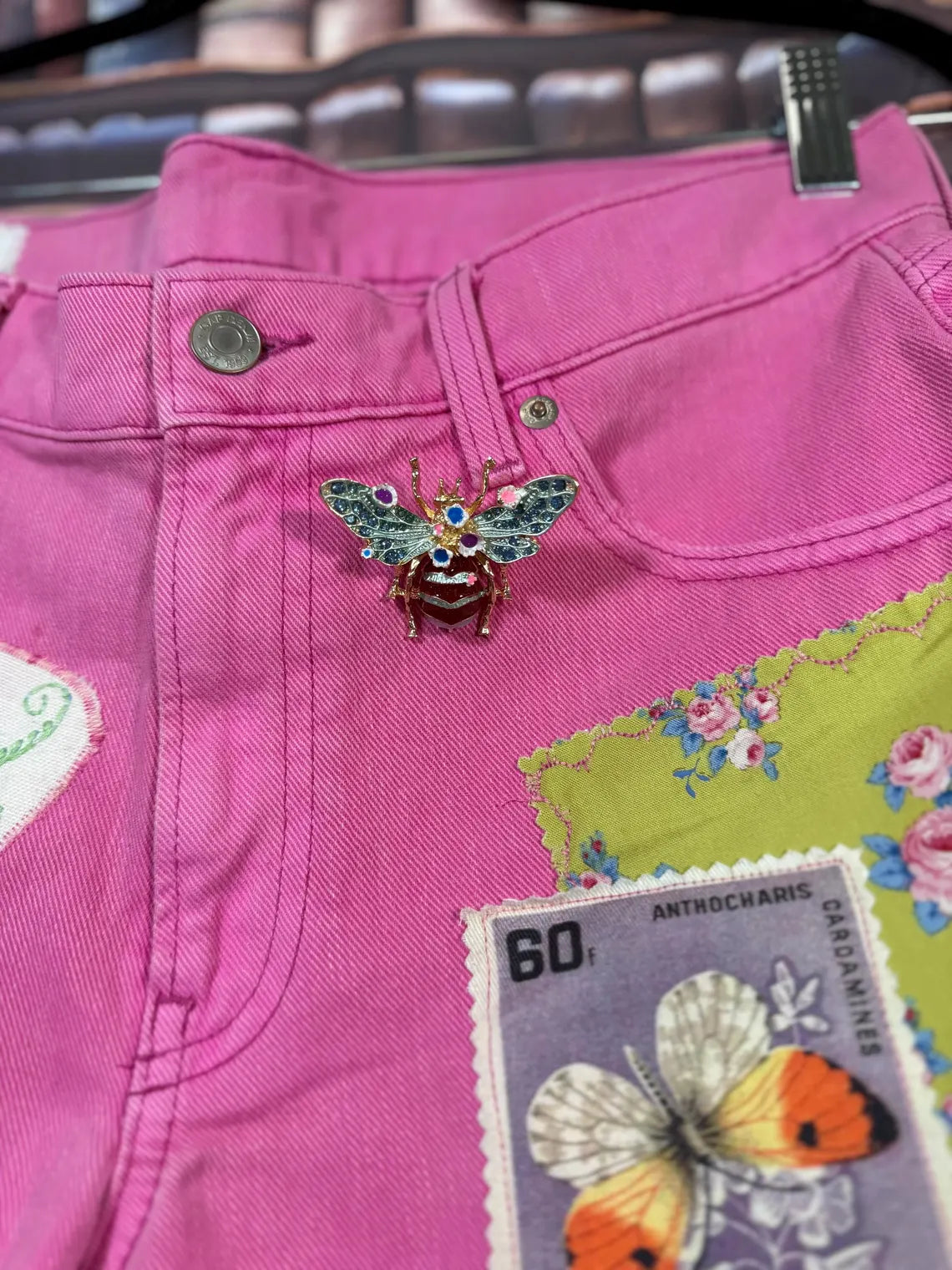 Upcycled Pink Denim Shorts with Fussy Cut Florals & Brooch | Size 4