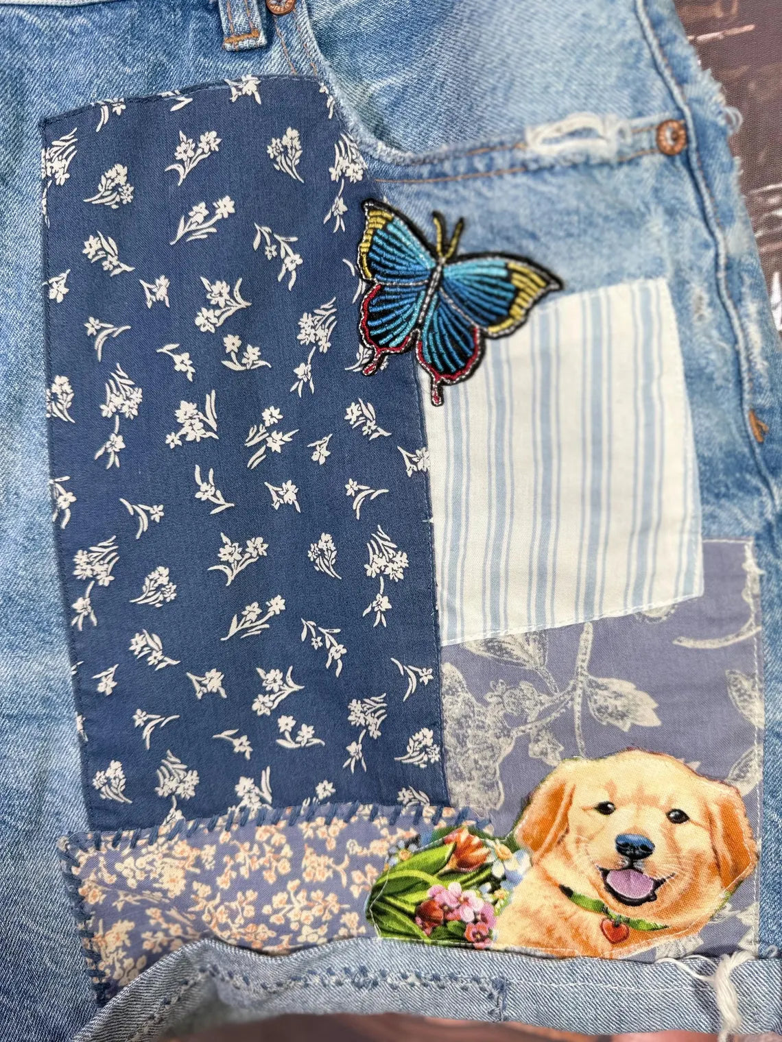 Upcycled Denim Shorts with Puppy Patches & Butterfly Accents | Size 20