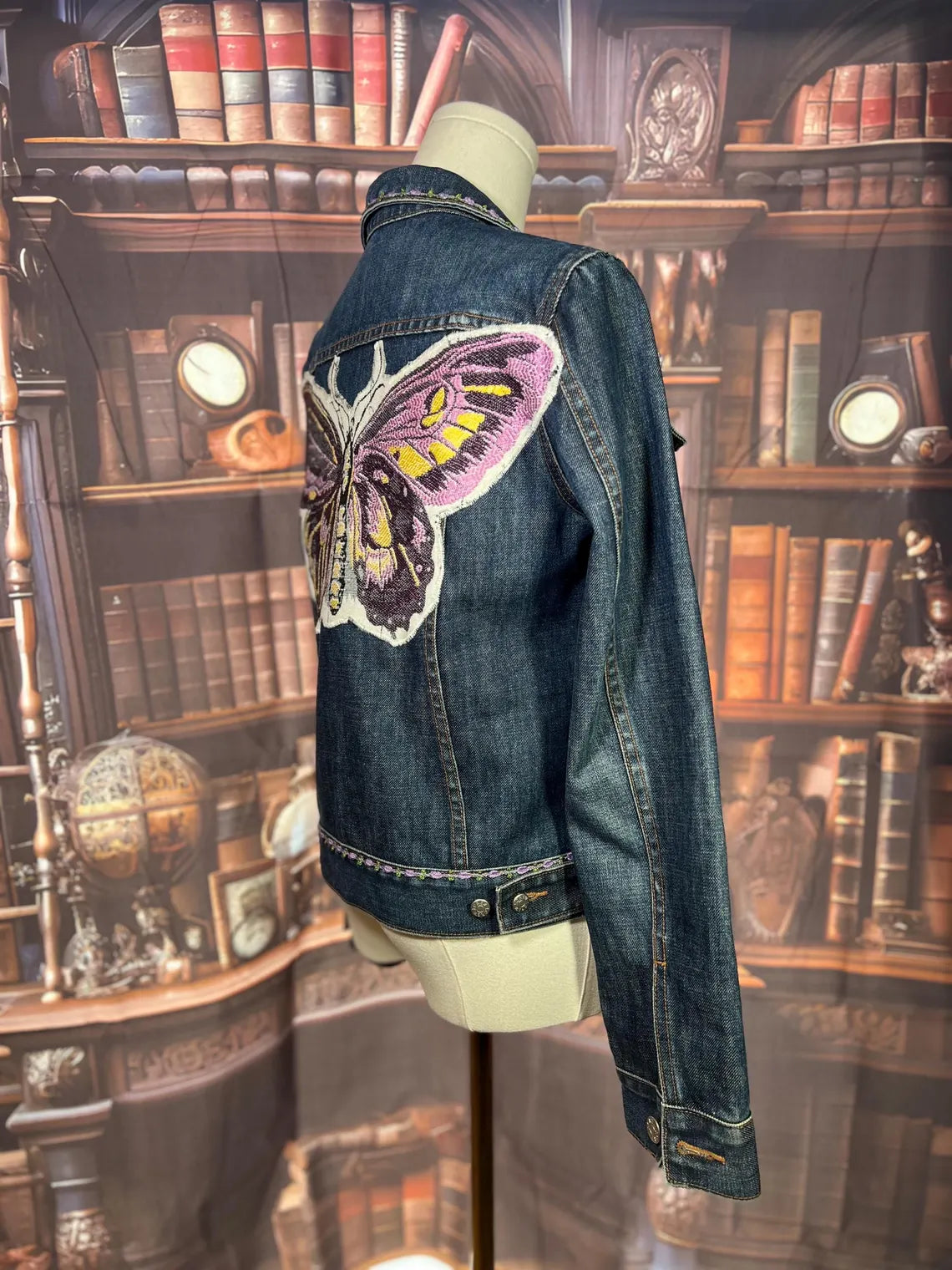 Upcycled Boho Garden Denim Jacket with Vintage Trim & Butterfly Details | 40in Bust
