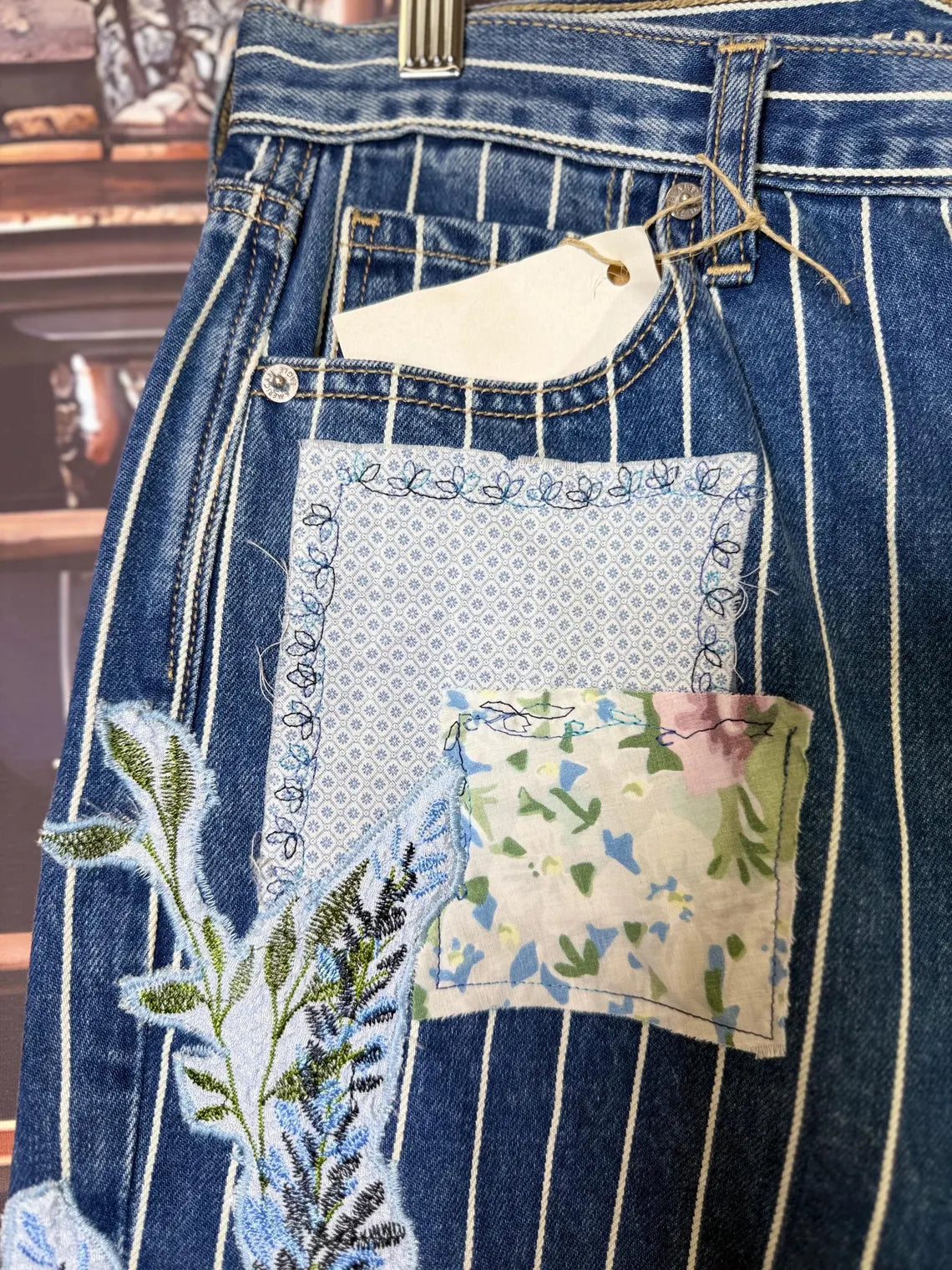 Patchwork Cat Jeans: Floral Applique, Butterfly Accent | Size 8