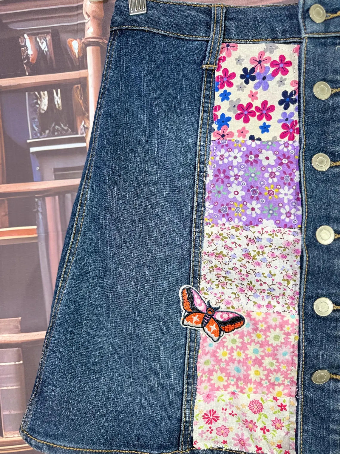 Patchwork Denim Skirt with Floral Panels and Butterfly Accents | Size 6