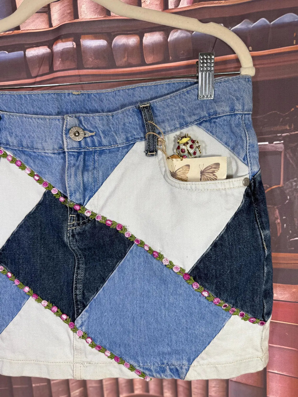 Upcycled Patchwork Denim Mini Skirt with Vintage Ribbon & Brooch | Size S