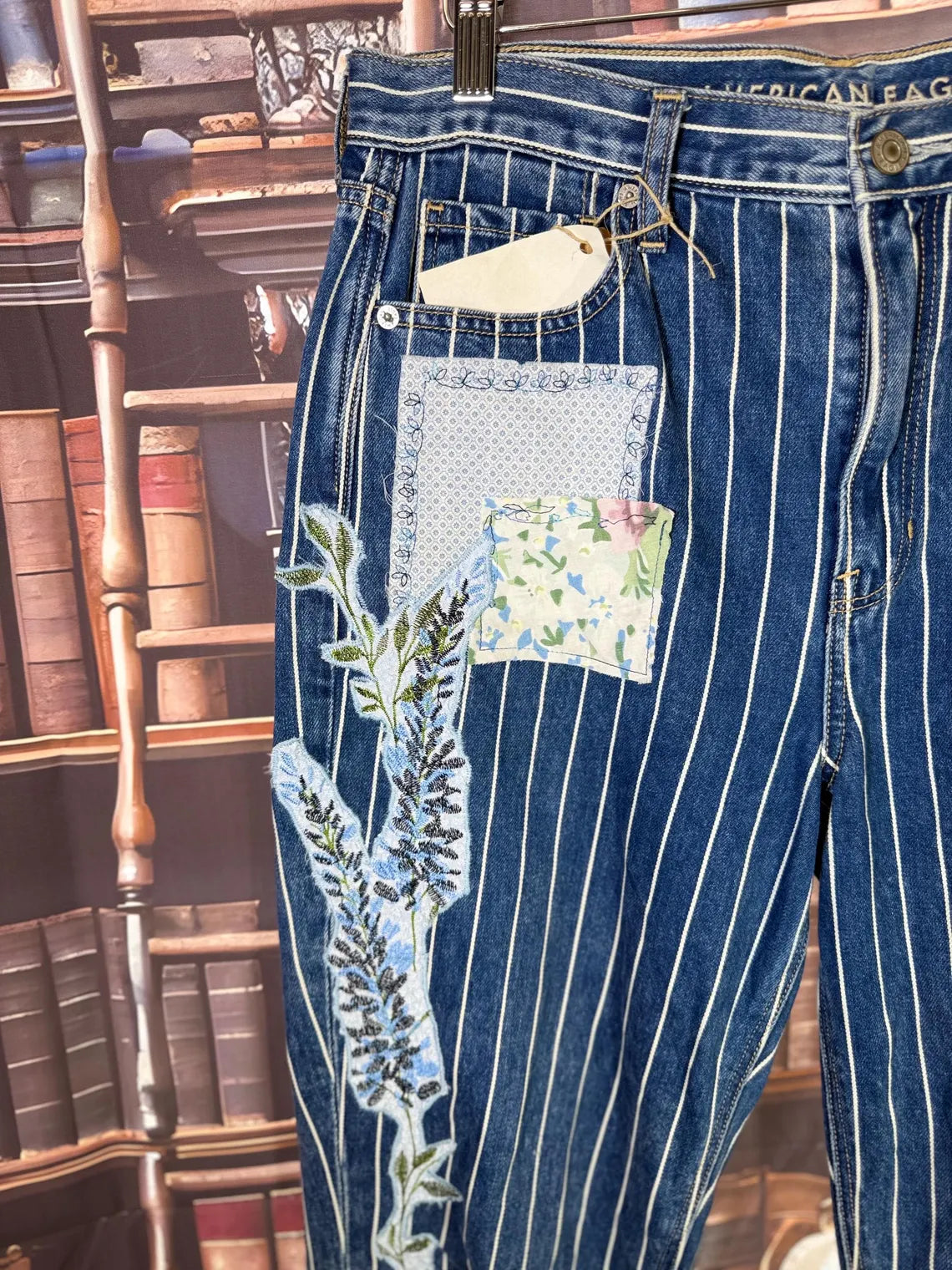 Patchwork Cat Jeans: Floral Applique, Butterfly Accent | Size 8
