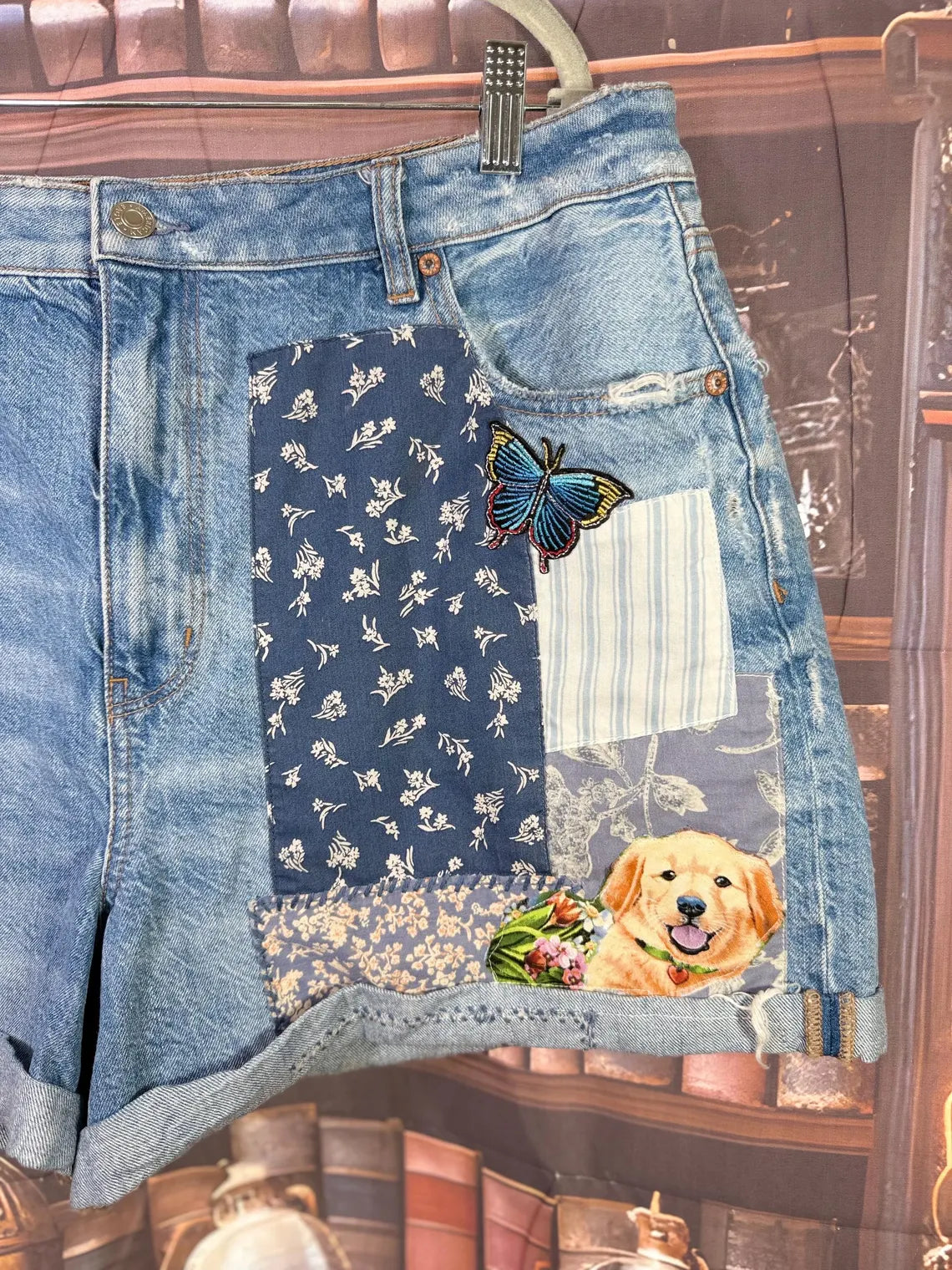 Upcycled Denim Shorts with Puppy Patches & Butterfly Accents | Size 20