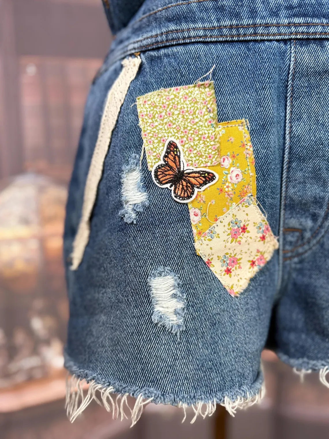 Upcycled Denim Overall Shorts with Embroidered Beetle and Patchwork Butterflies | Size XS