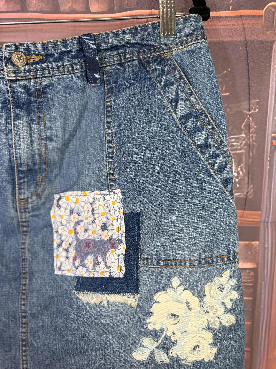 Upcycled Denim Skirt with Floral Applique, Daisy Patch and Cat Pocket | Size S