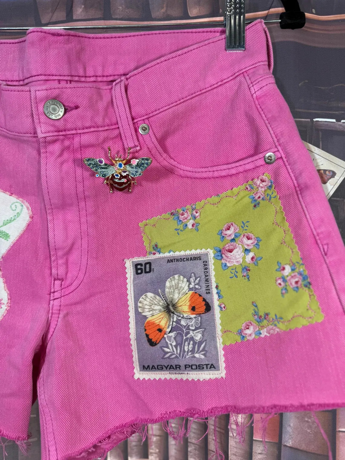Upcycled Pink Denim Shorts with Fussy Cut Florals & Brooch | Size 4