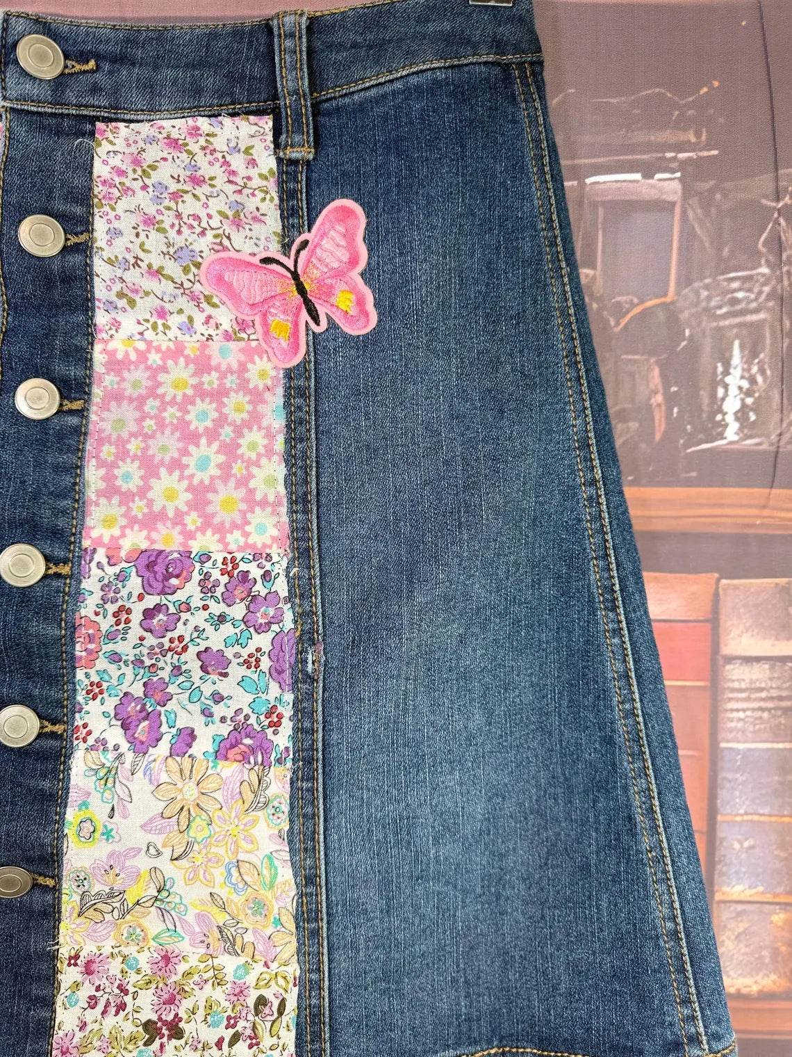 Patchwork Denim Skirt with Floral Panels and Butterfly Accents | Size 6