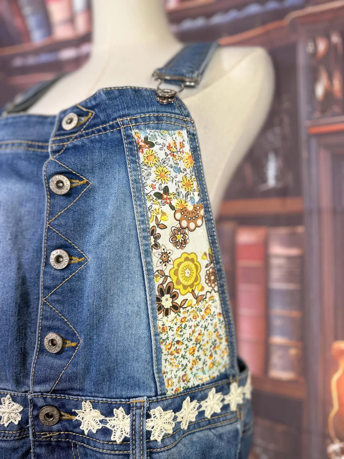 Upcycled Denim Overalls with Butterfly Patches and Embroidered Bug | Size L