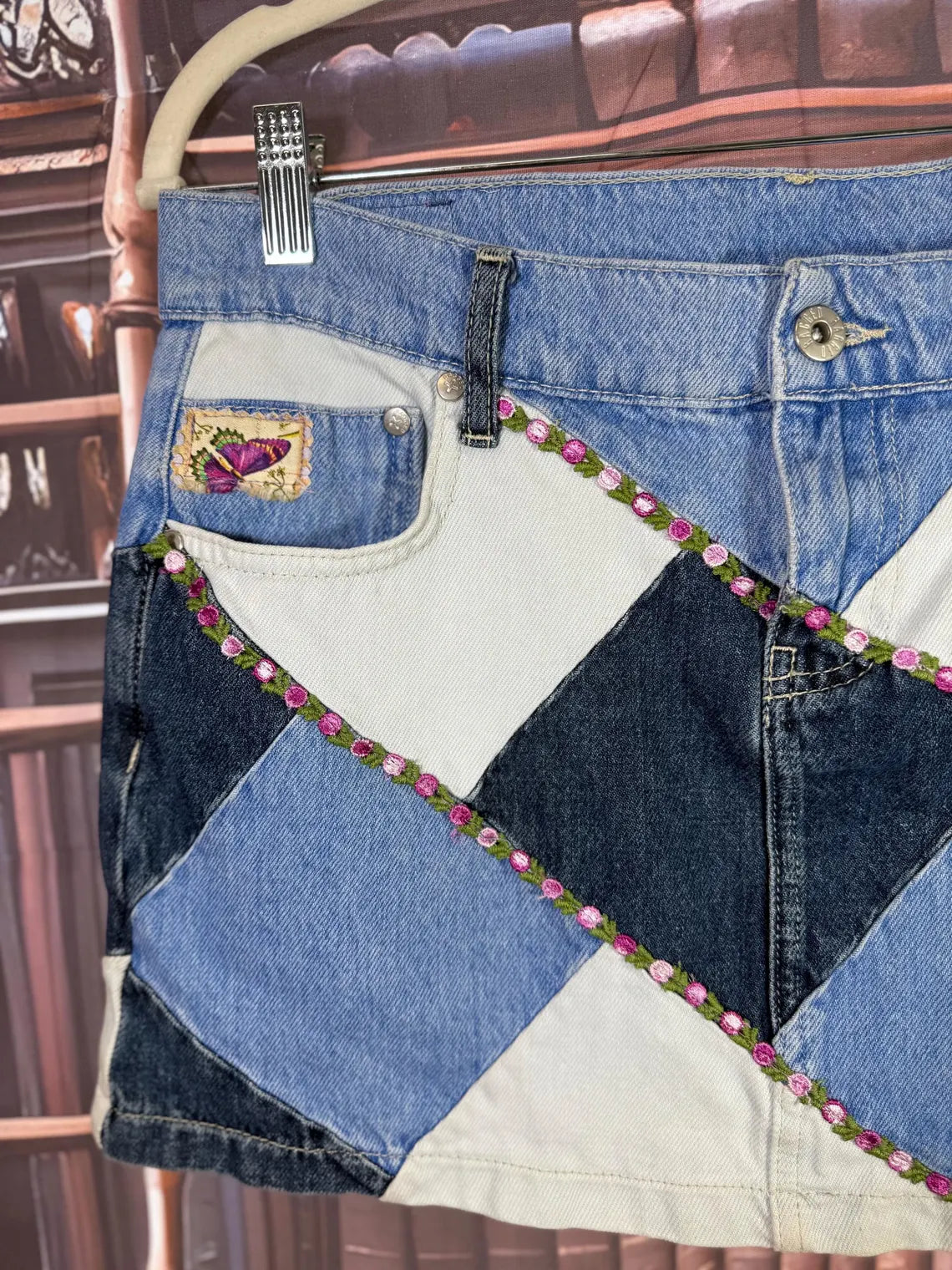 Upcycled Patchwork Denim Mini Skirt with Vintage Ribbon & Brooch | Size S