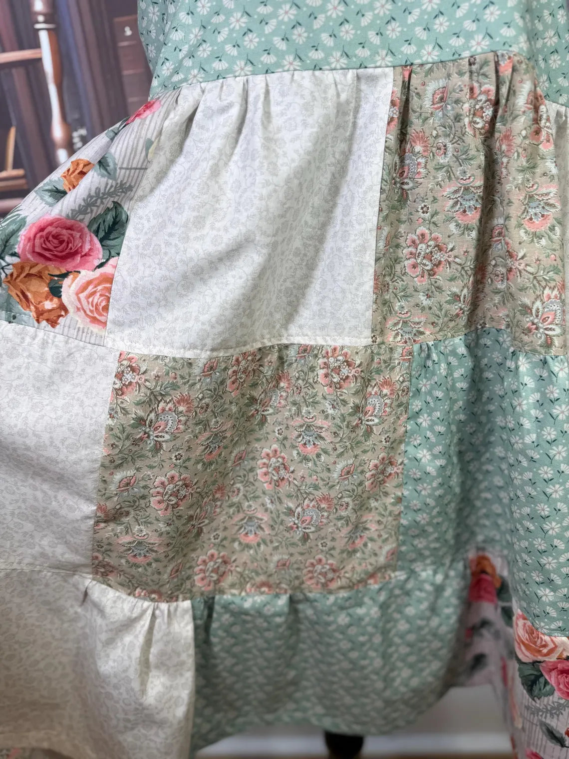 Handmade Patchwork Dress with Embroidered Bodice and Floral Ties | Size L