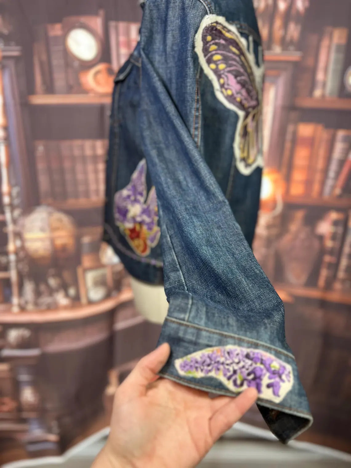 Upcycled Boho Garden Denim Jacket with Vintage Trim & Butterfly Details | 40in Bust