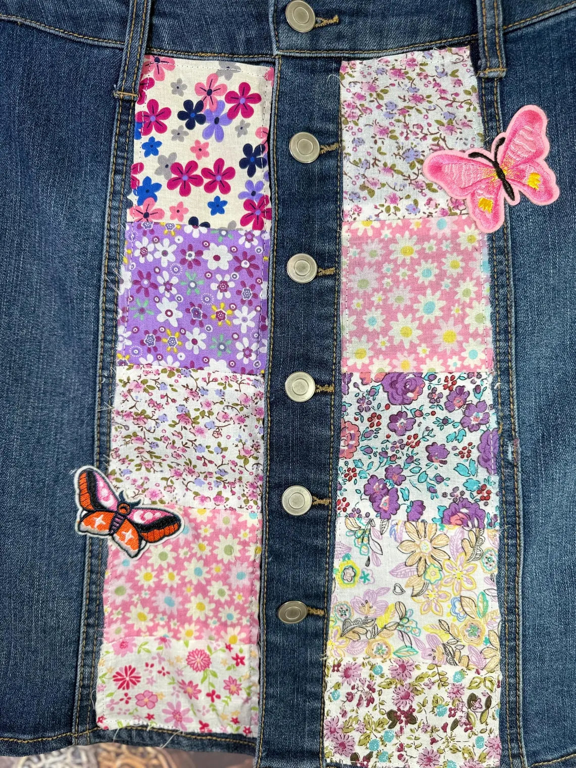 Patchwork Denim Skirt with Floral Panels and Butterfly Accents | Size 6