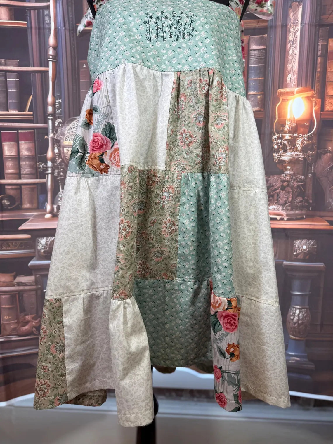 Handmade Patchwork Dress with Embroidered Bodice and Floral Ties | Size L
