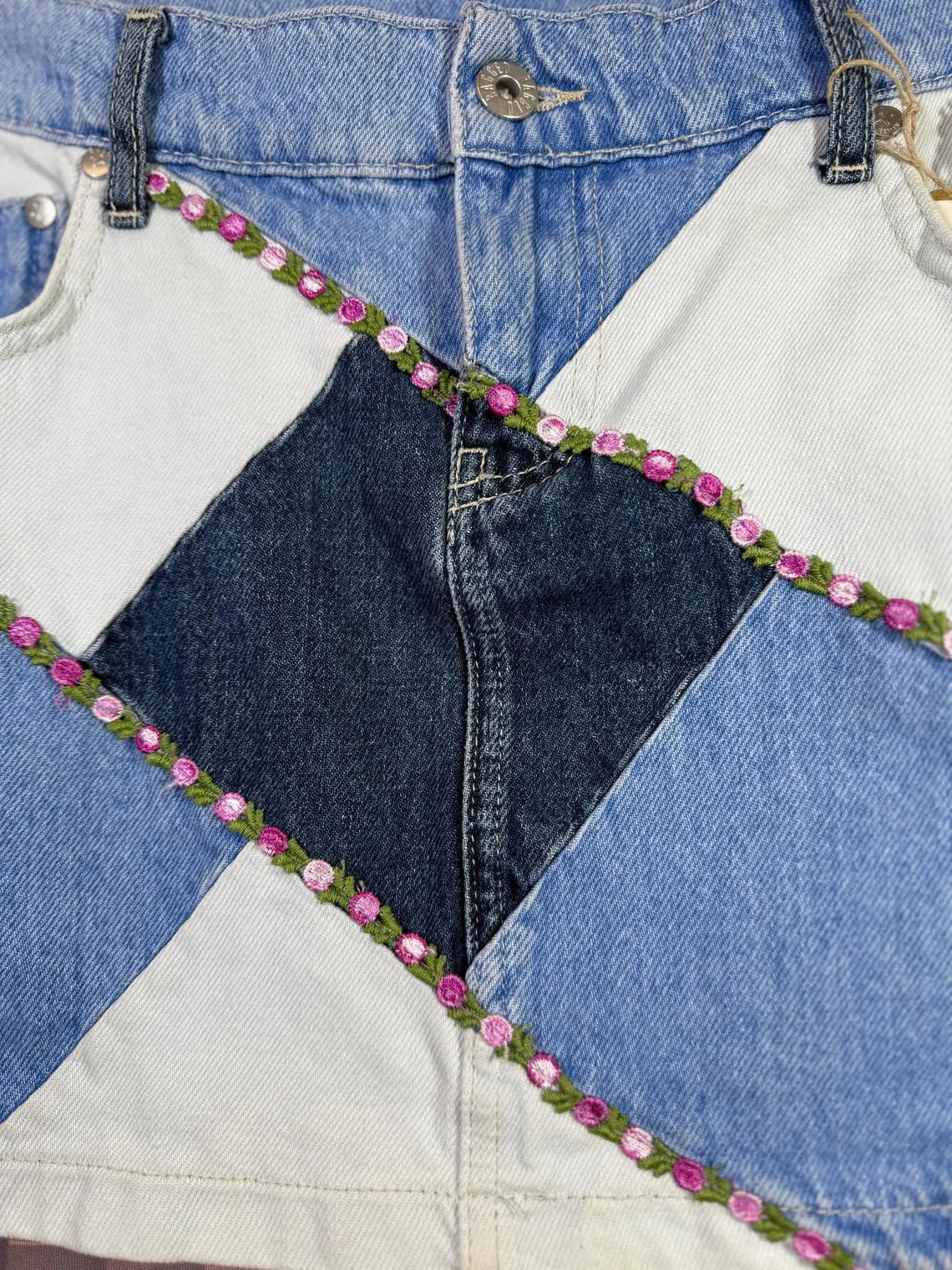 Upcycled Patchwork Denim Mini Skirt with Vintage Ribbon & Brooch | Size S