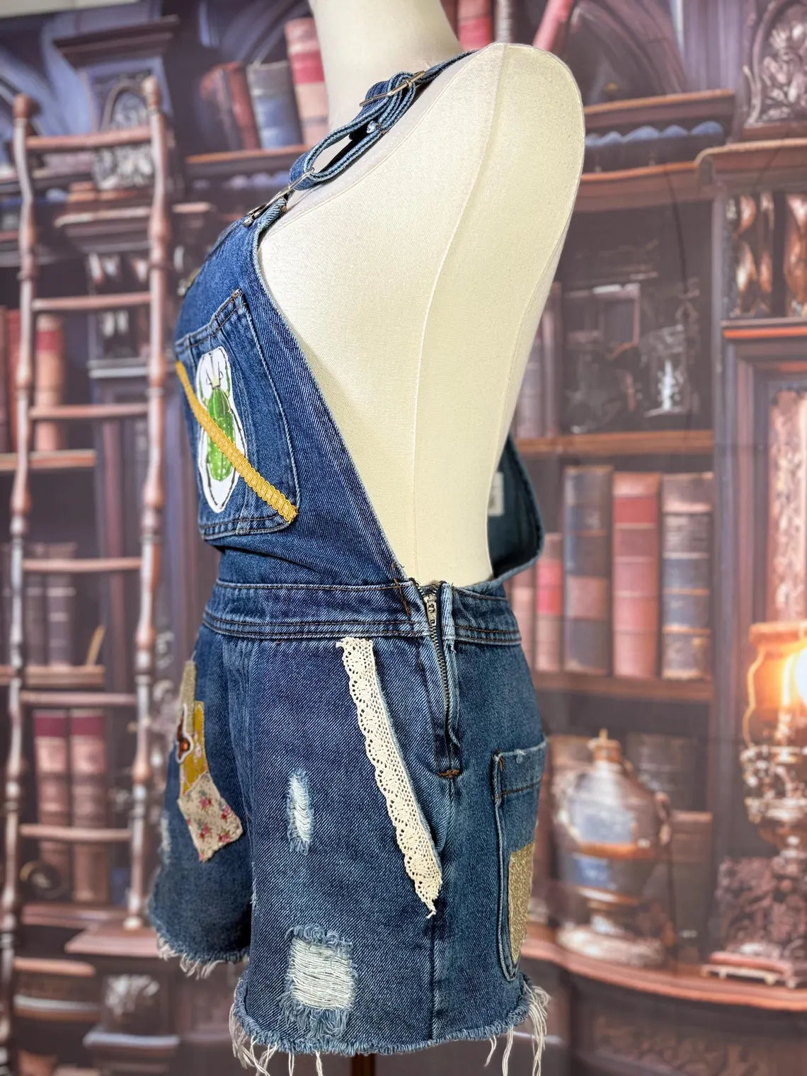 Upcycled Denim Overall Shorts with Embroidered Beetle and Patchwork Butterflies | Size XS