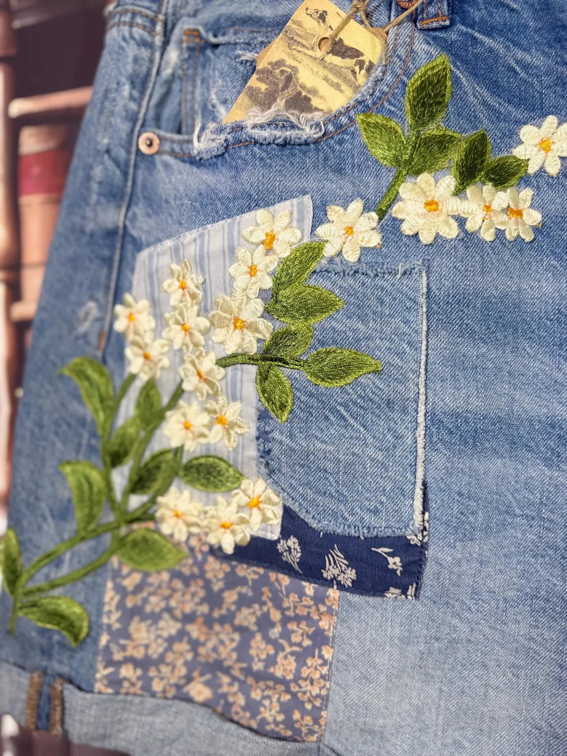 Upcycled Denim Shorts with Puppy Patches & Butterfly Accents | Size 20