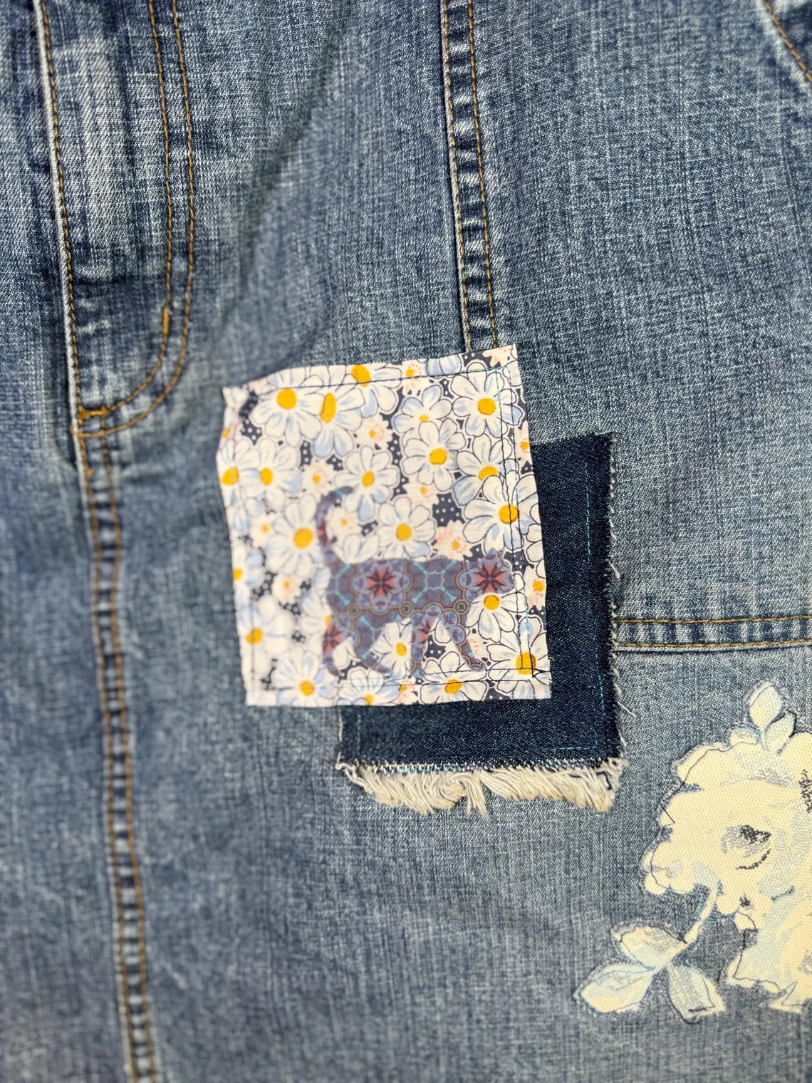 Upcycled Denim Skirt with Floral Applique, Daisy Patch and Cat Pocket | Size S