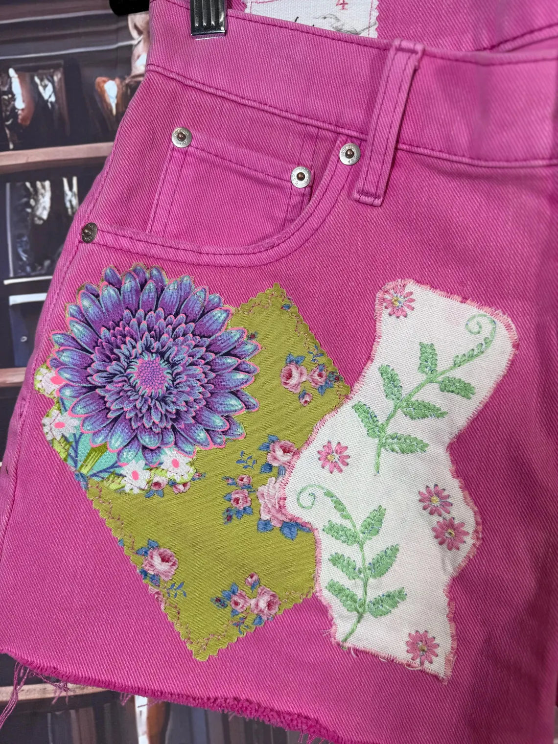 Upcycled Pink Denim Shorts with Fussy Cut Florals & Brooch | Size 4