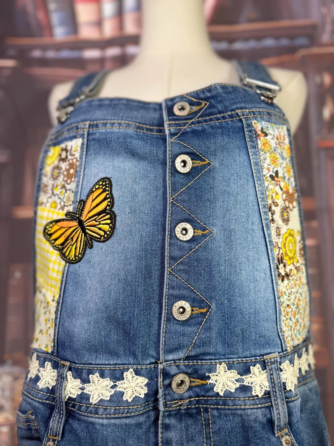 Upcycled Denim Overalls with Butterfly Patches and Embroidered Bug | Size L