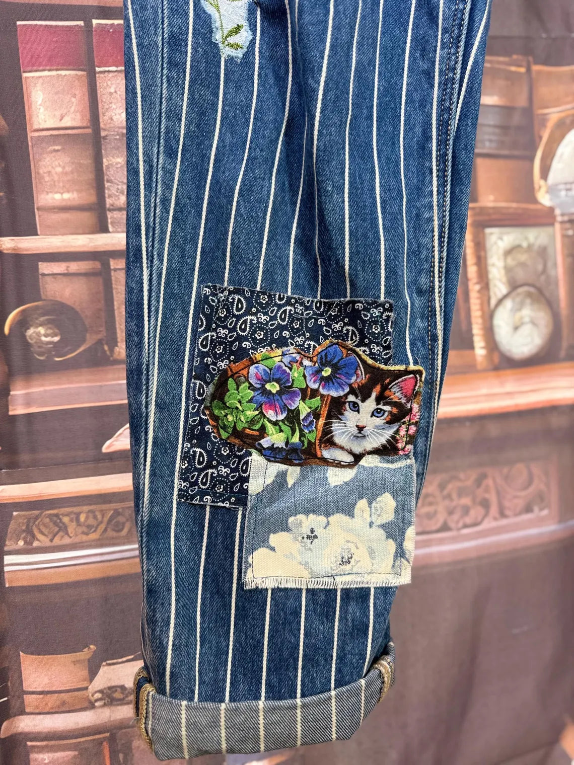 Patchwork Cat Jeans: Floral Applique, Butterfly Accent | Size 8