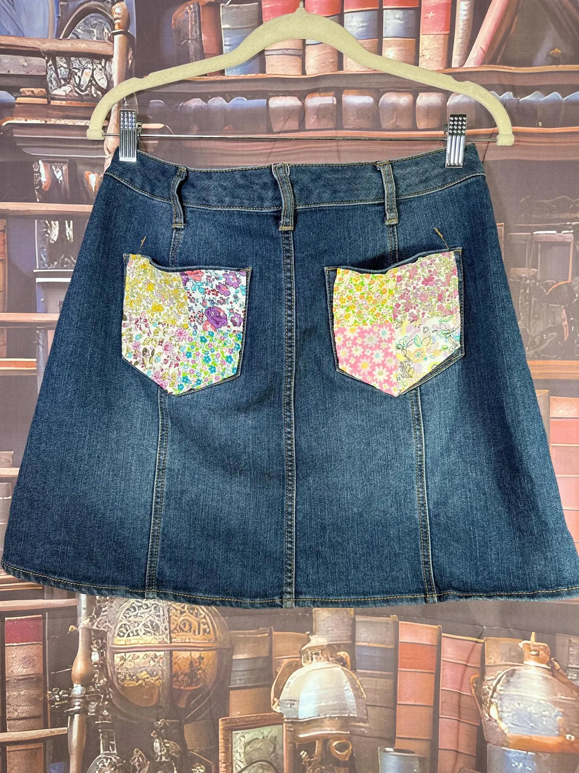 Patchwork Denim Skirt with Floral Panels and Butterfly Accents | Size 6