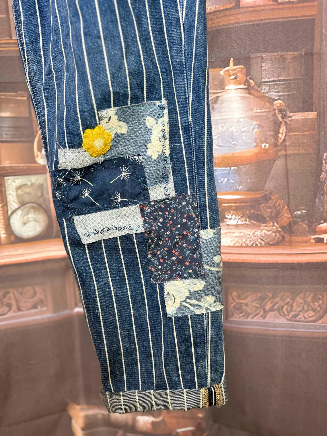 Patchwork Cat Jeans: Floral Applique, Butterfly Accent | Size 8