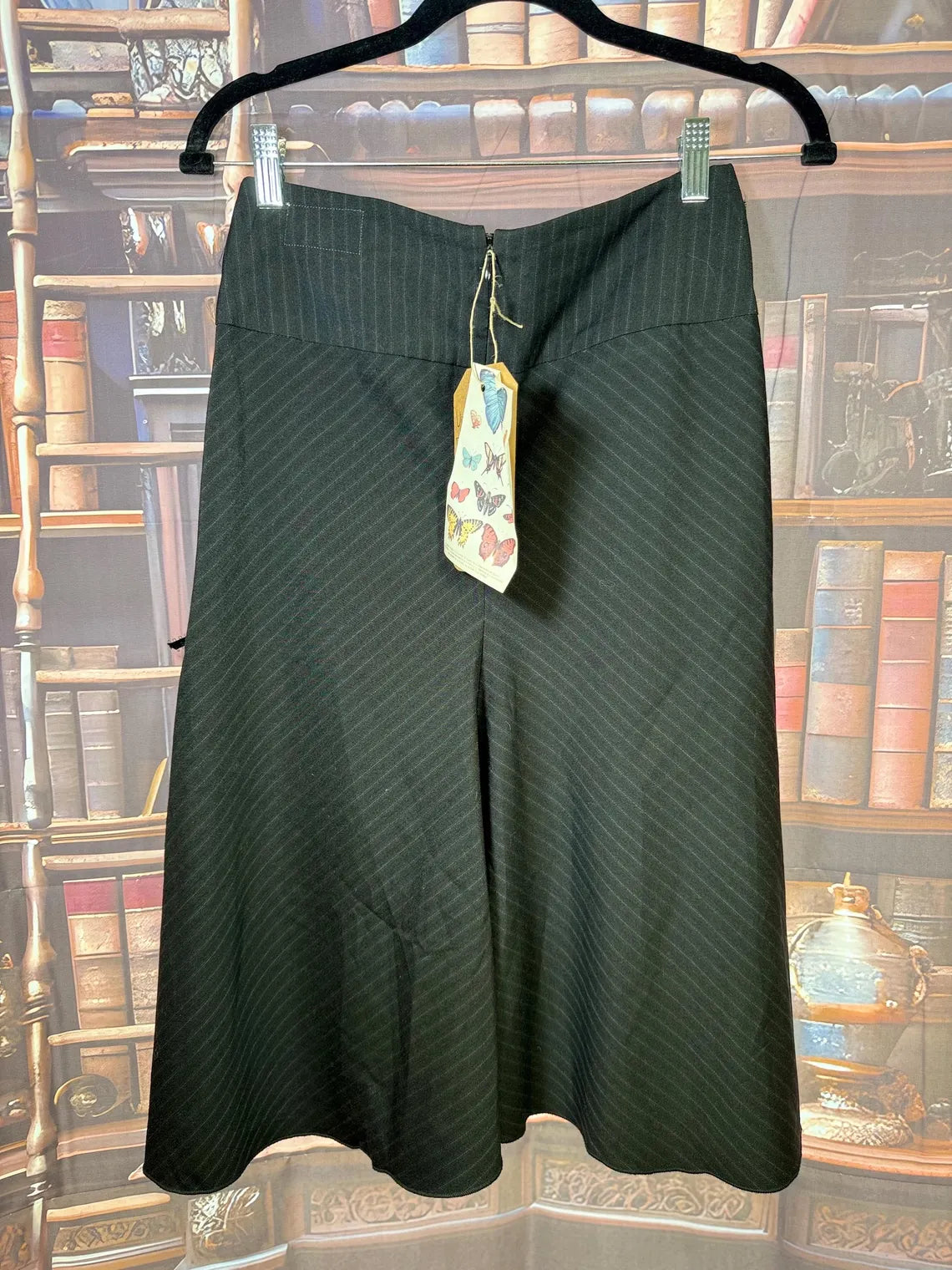 Black Pinstripe Skirt with Floral Ribbon Trim and Bow Accents | Size 0