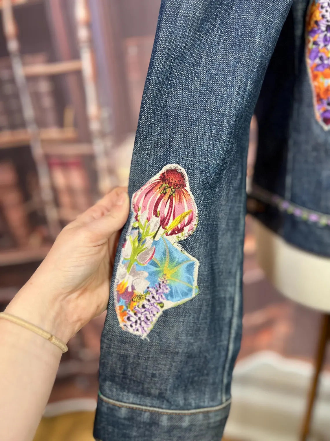 Upcycled Boho Garden Denim Jacket with Vintage Trim & Butterfly Details | 40in Bust