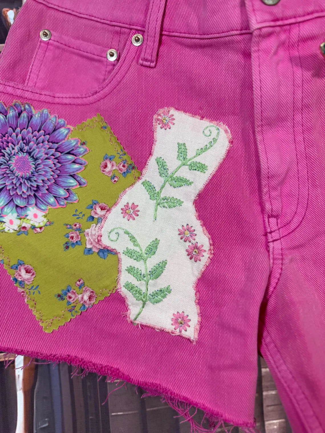 Upcycled Pink Denim Shorts with Fussy Cut Florals & Brooch | Size 4