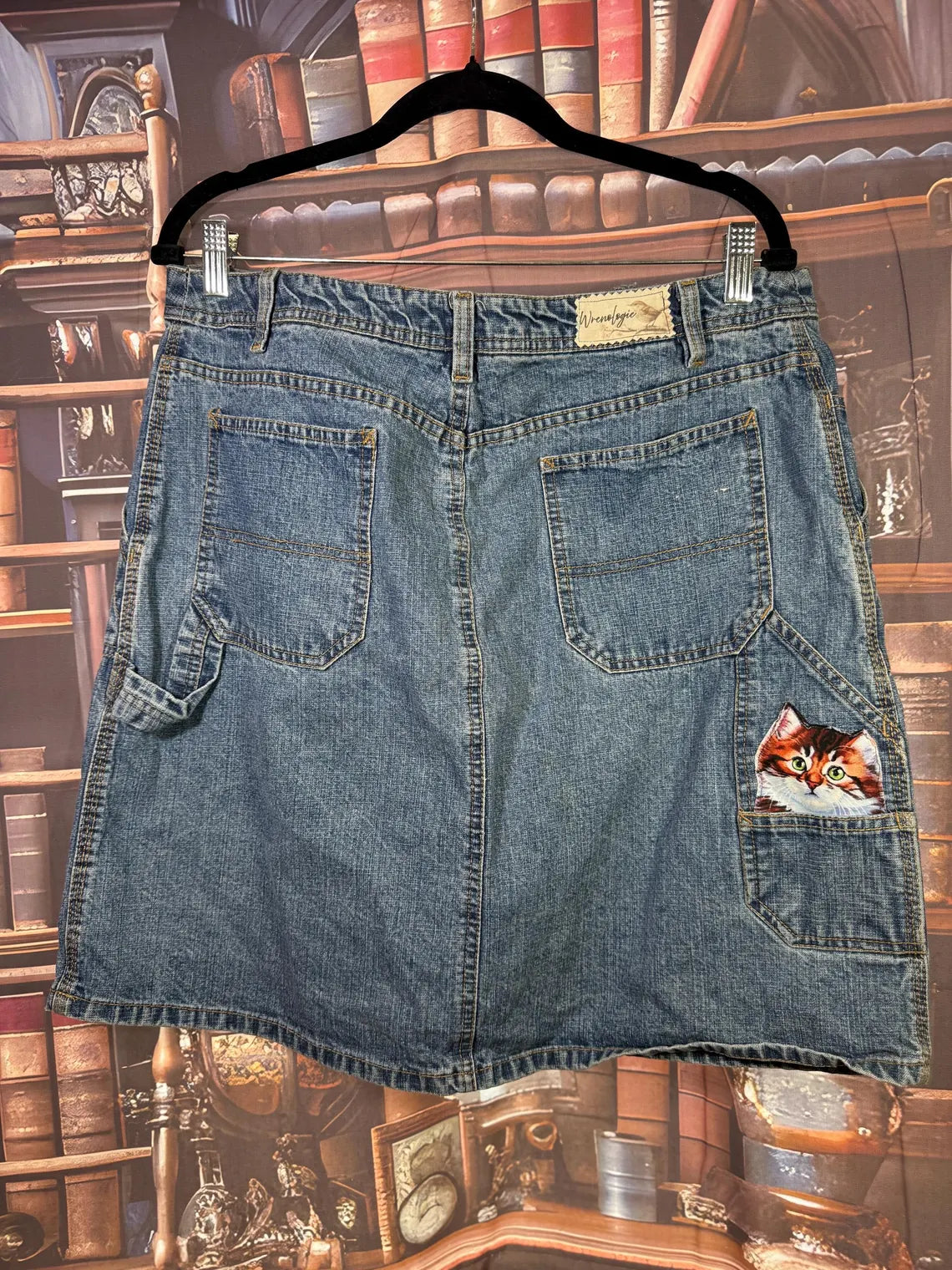 Upcycled Denim Skirt with Floral Applique, Daisy Patch and Cat Pocket | Size S