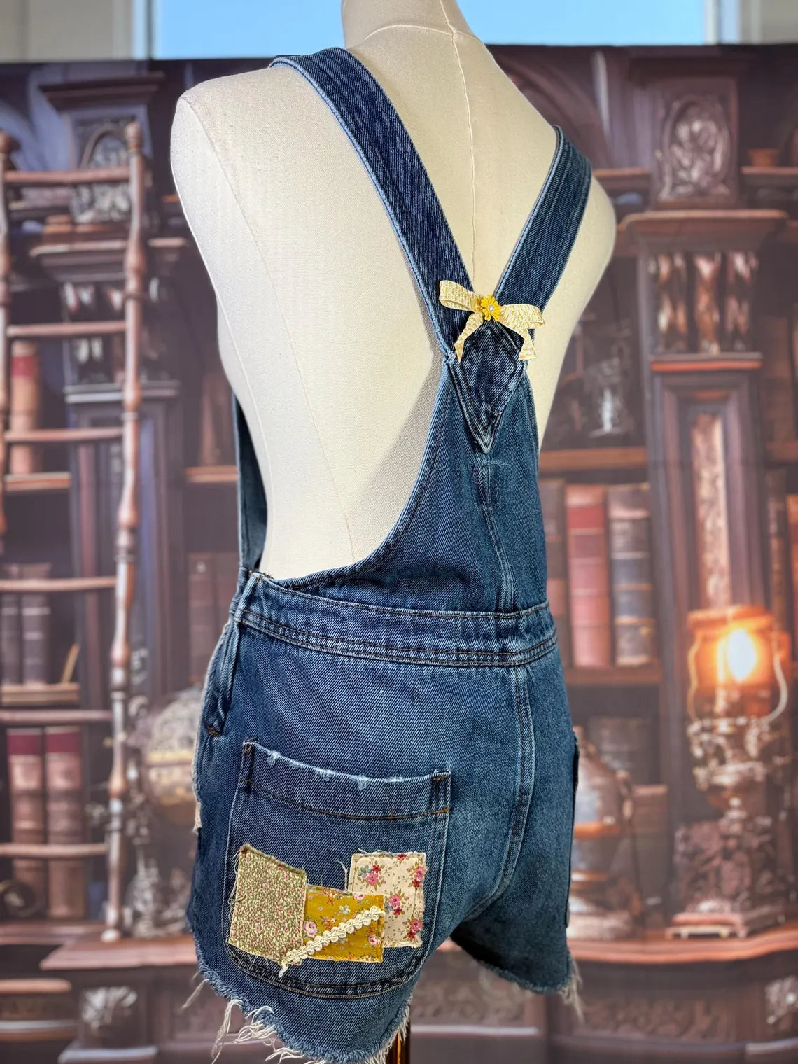 Upcycled Denim Overall Shorts with Embroidered Beetle and Patchwork Butterflies | Size XS