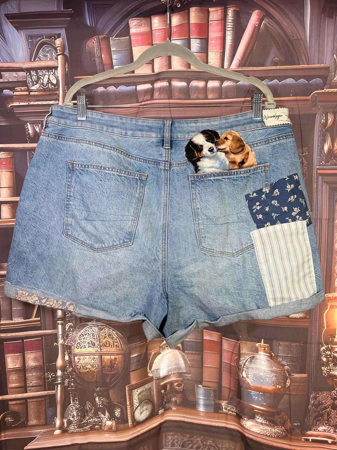 Upcycled Denim Shorts with Puppy Patches & Butterfly Accents | Size 20