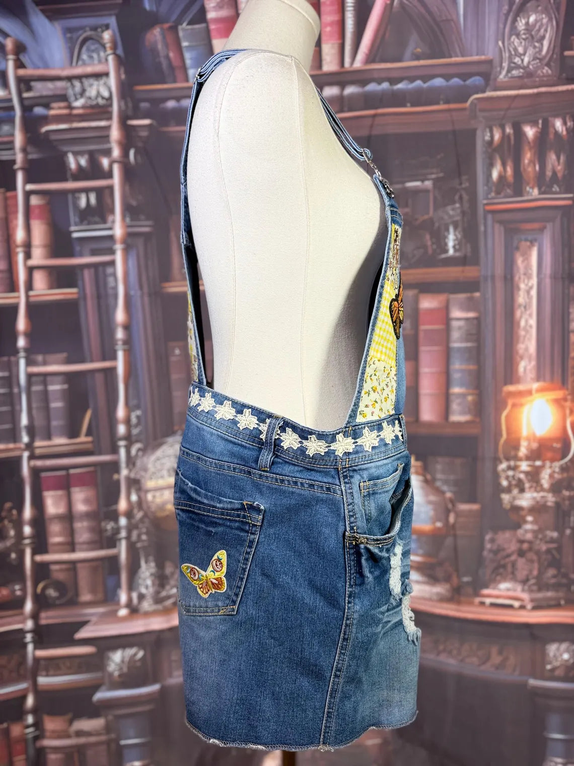 Upcycled Denim Overalls with Butterfly Patches and Embroidered Bug | Size L
