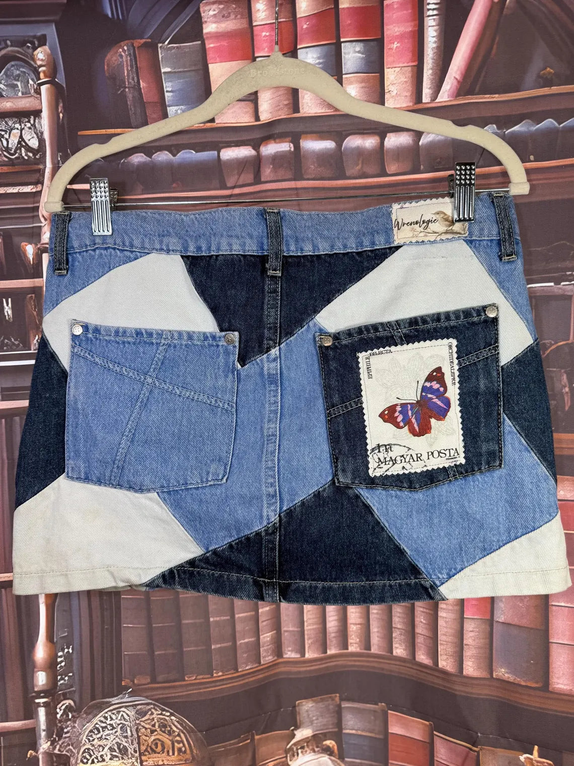 Upcycled Patchwork Denim Mini Skirt with Vintage Ribbon & Brooch | Size S