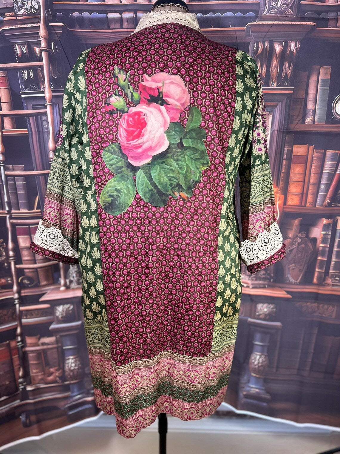 Upcycled Cardigan – Boho Kimono Jacket with Vintage Floral Print | Size L