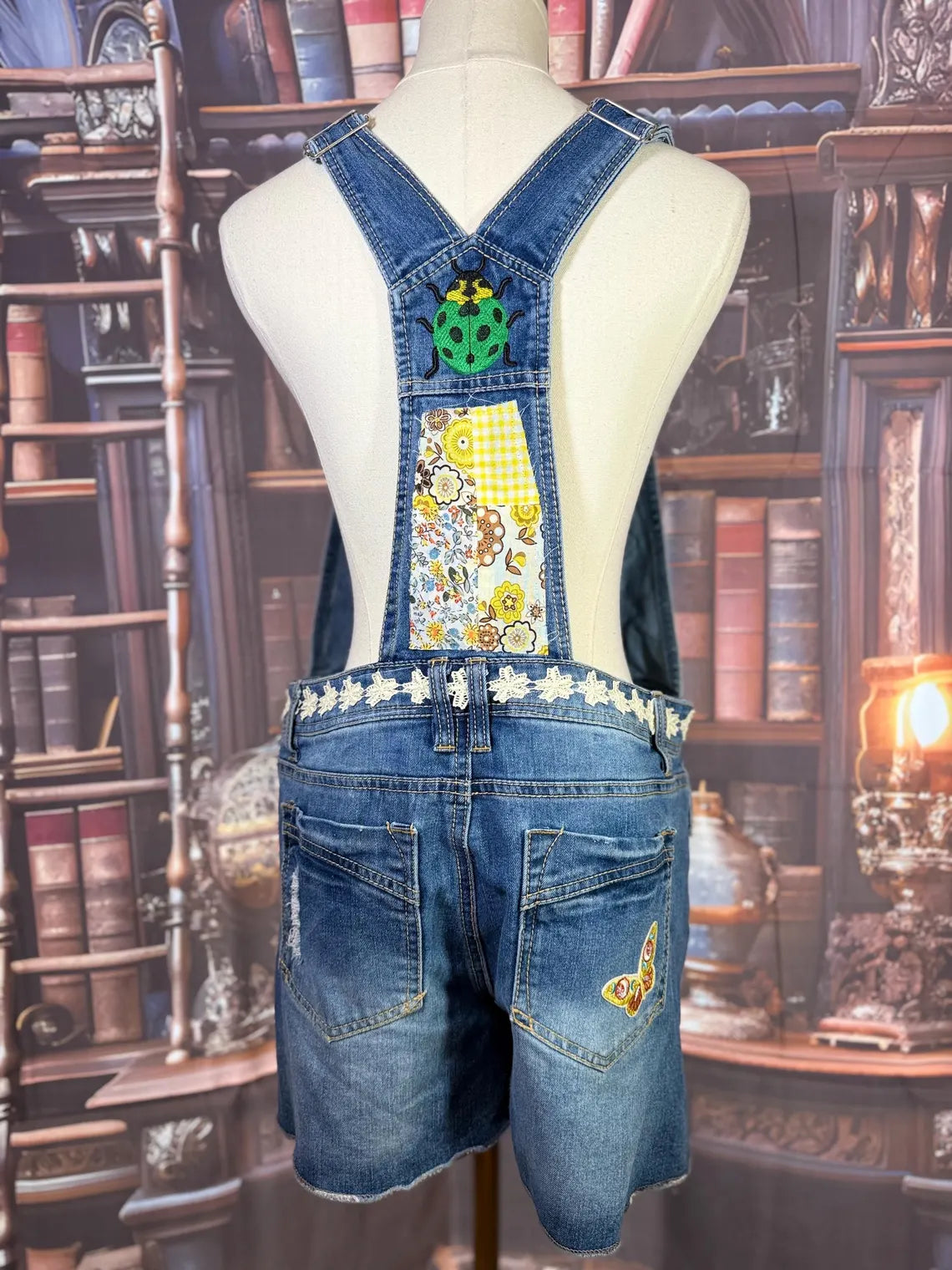 Upcycled Denim Overalls with Butterfly Patches and Embroidered Bug | Size L