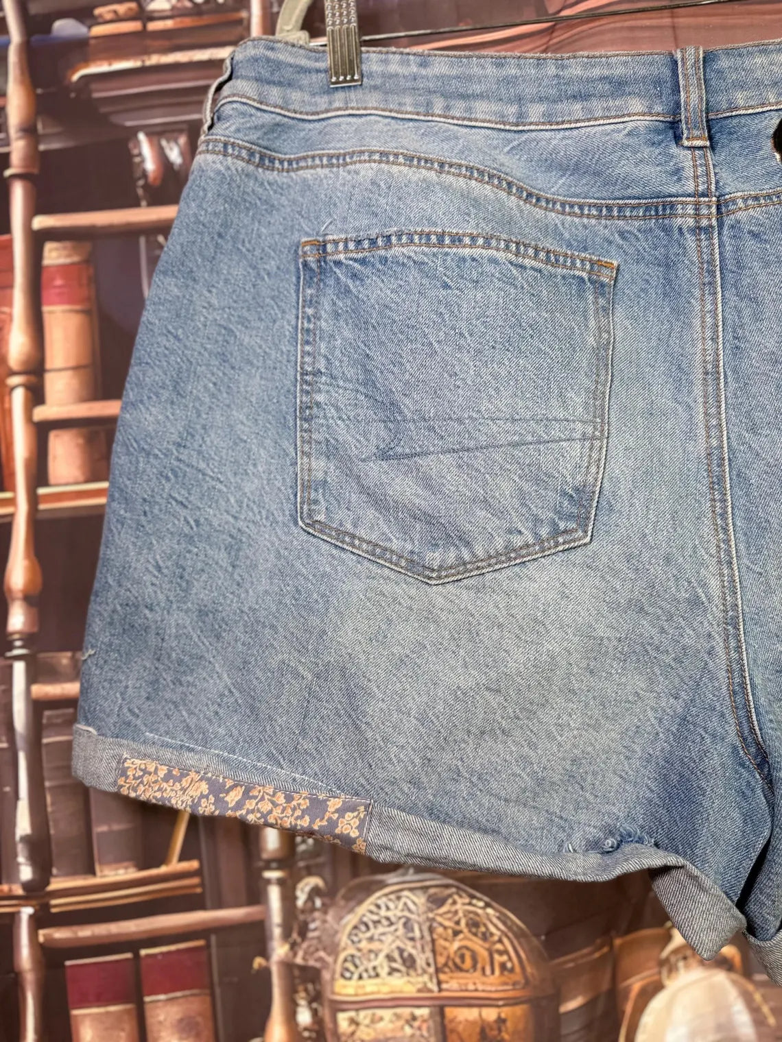 Upcycled Denim Shorts with Puppy Patches & Butterfly Accents | Size 20