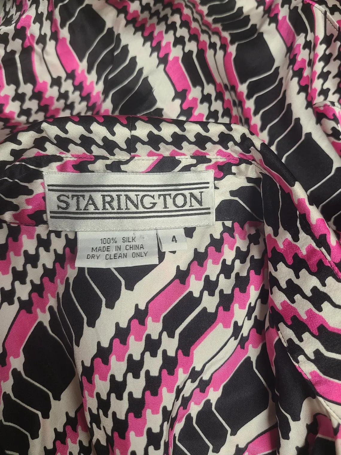Starington Black And White Pink Houndstooth Silk Blouse | Size 6