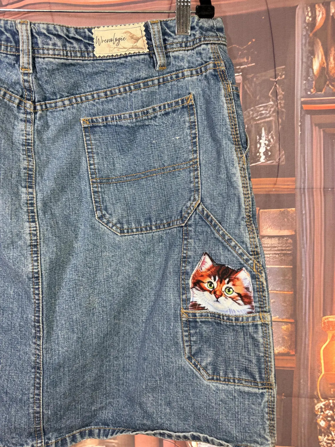 Upcycled Denim Skirt with Floral Applique, Daisy Patch and Cat Pocket | Size S