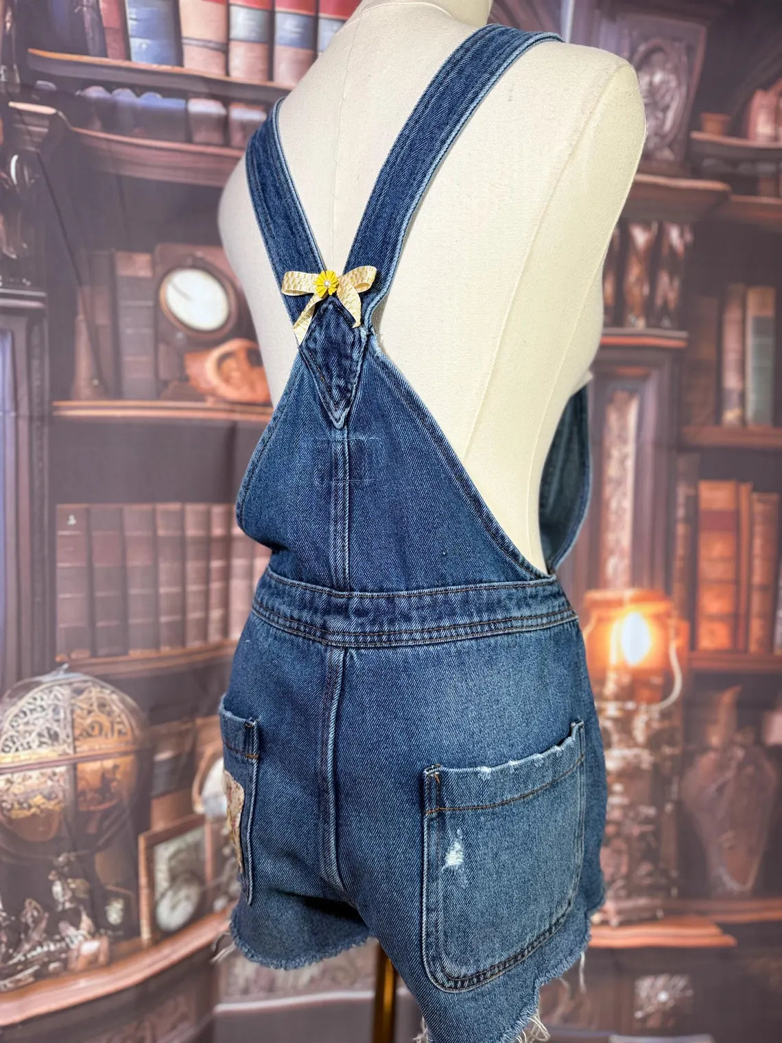 Upcycled Denim Overall Shorts with Embroidered Beetle and Patchwork Butterflies | Size XS