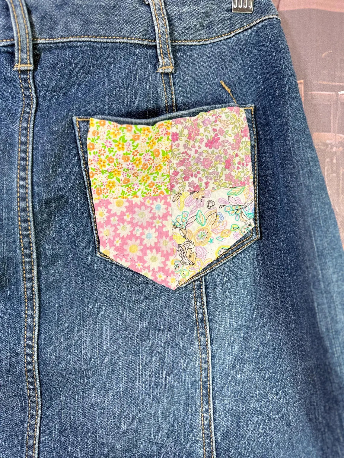 Patchwork Denim Skirt with Floral Panels and Butterfly Accents | Size 6